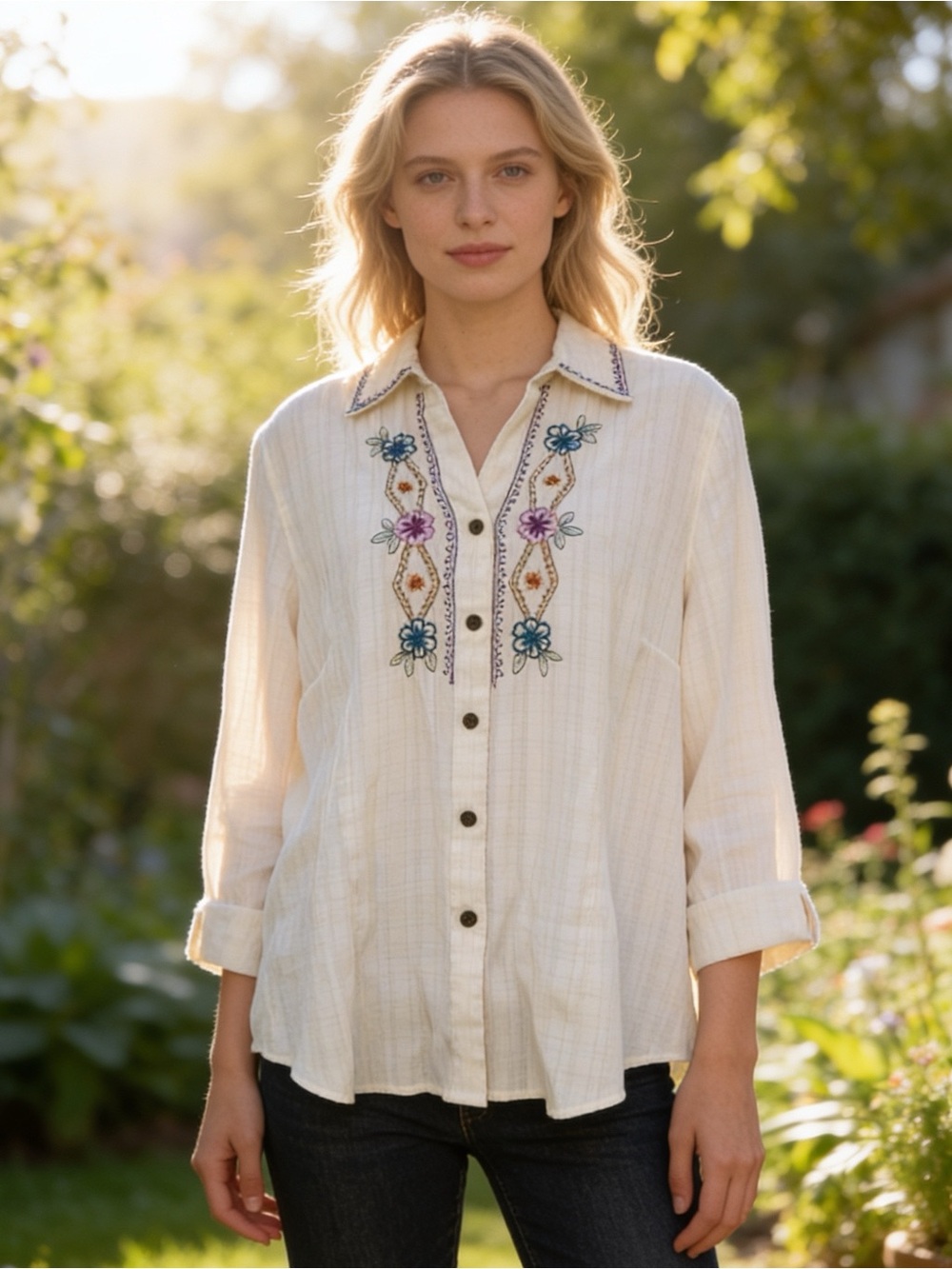 Alfred Dunner Embroidered Floral Textured Button Front Blouse Size 14